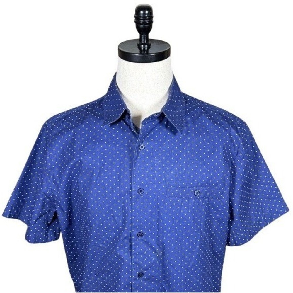 Scandia Woods Mens Blue Polka Dot Short Sleeve Cotton Button Down Shirt Large